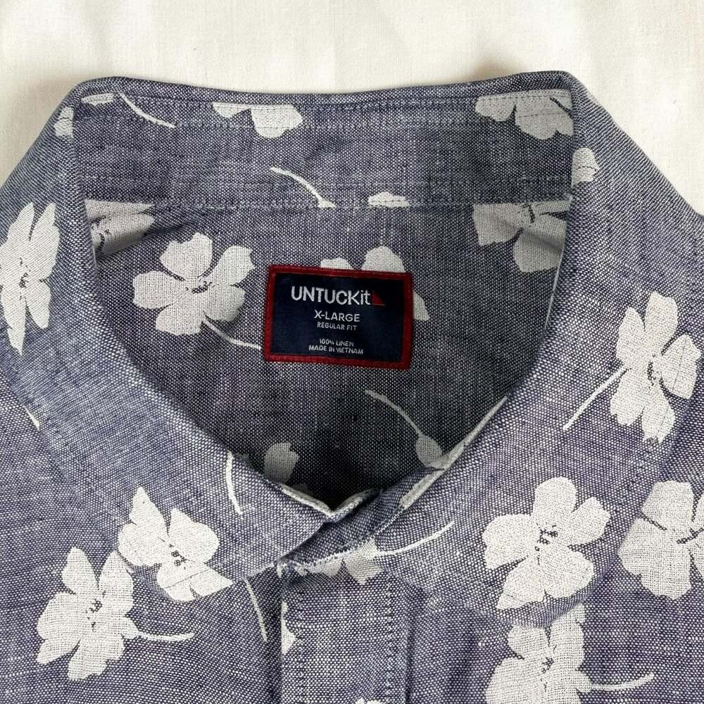 UNTUCKit Men’s XL Linen Shirt Blue White Floral Short Sleeve Regular Fit